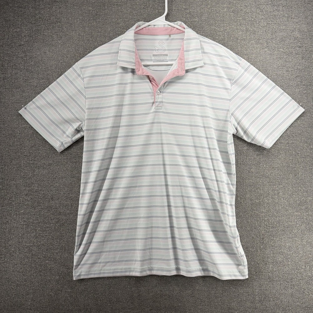 Swannies Performance Golf Polo Shirt Men Size Large Striped White Short Sleeve